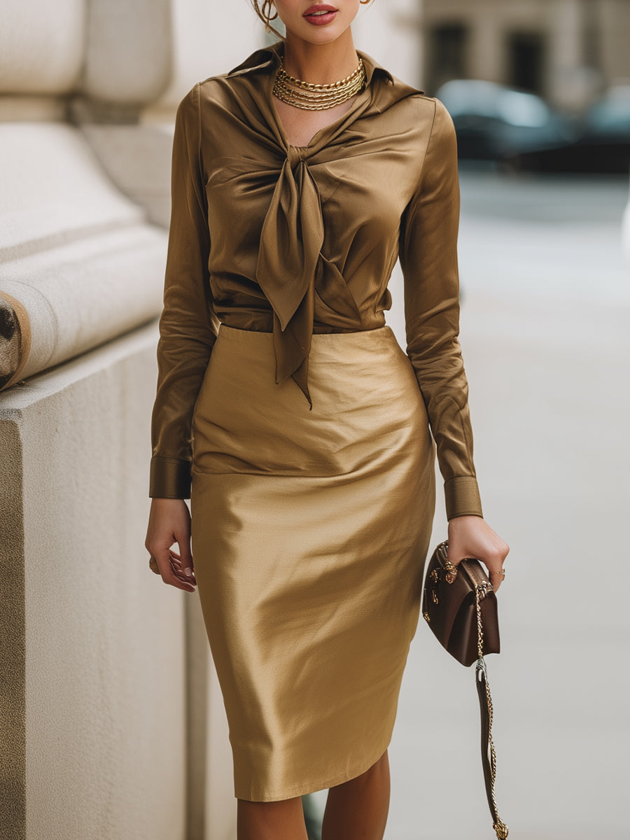 Bronze Satin Bow Blouse & Luxe Pencil Skirt Set