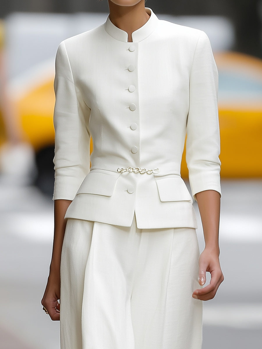 Ivory Mandarin-Collar Tailored Set