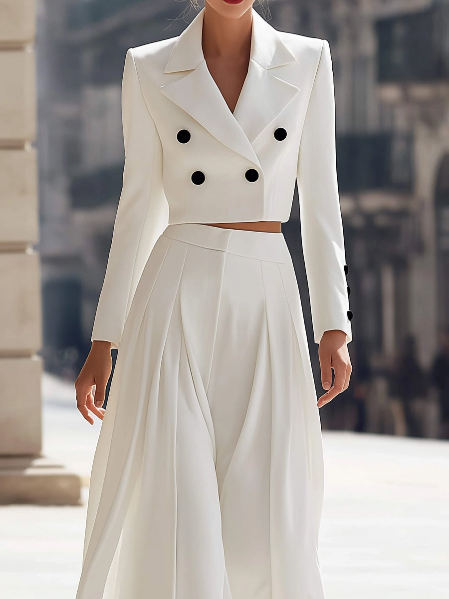 Double-Breasted Cropped Blazer & Pleated Wide-Leg Pants Set