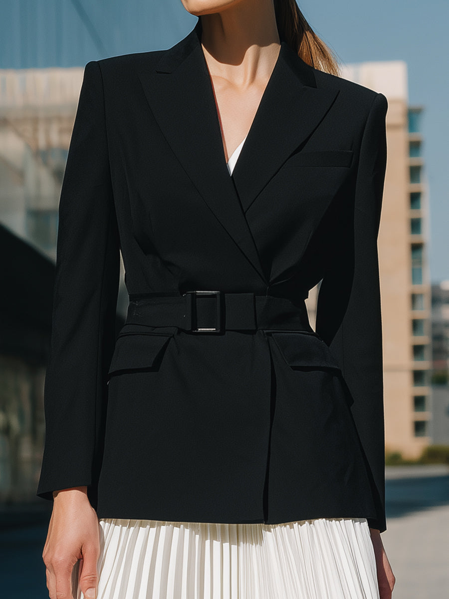 Mooyius Belted Blazer & Pleated Midi Skirt Set