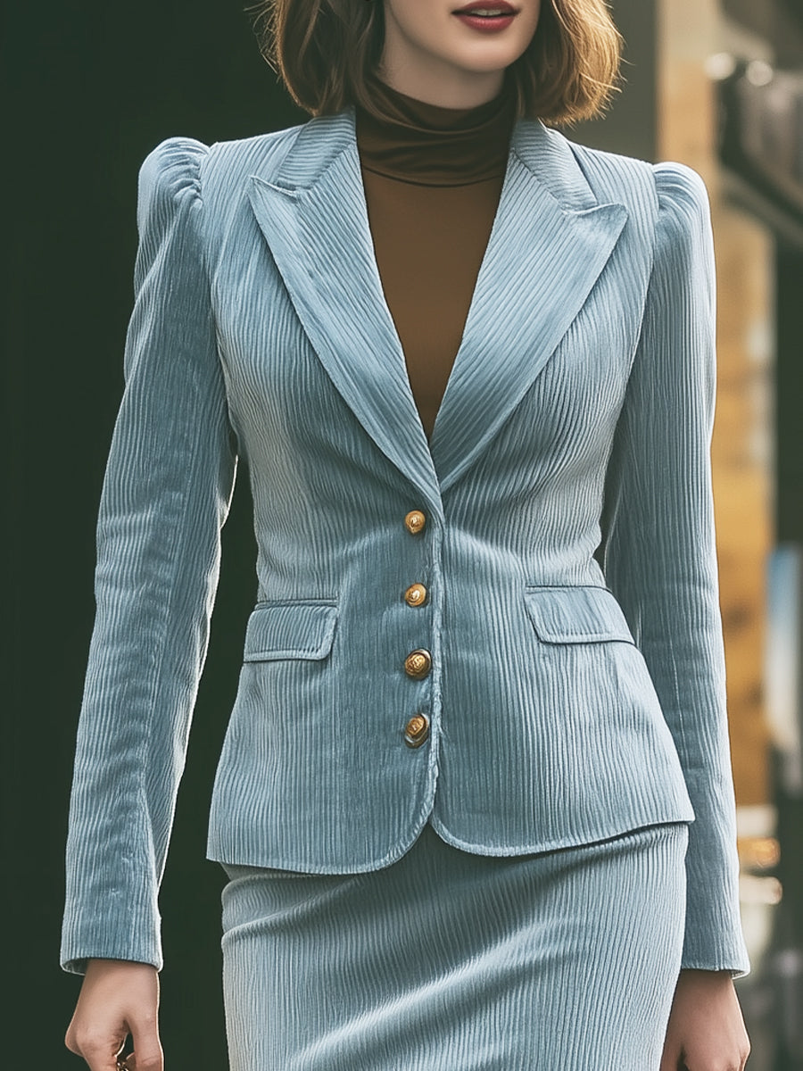 Chic Light Blue Corduroy Blazer & Skirt Set