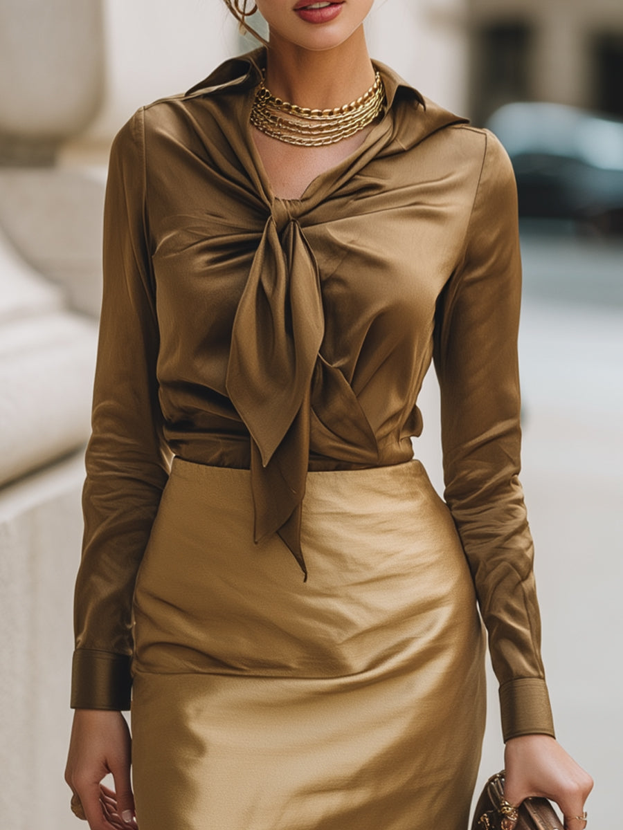 Bronze Satin Bow Blouse & Luxe Pencil Skirt Set