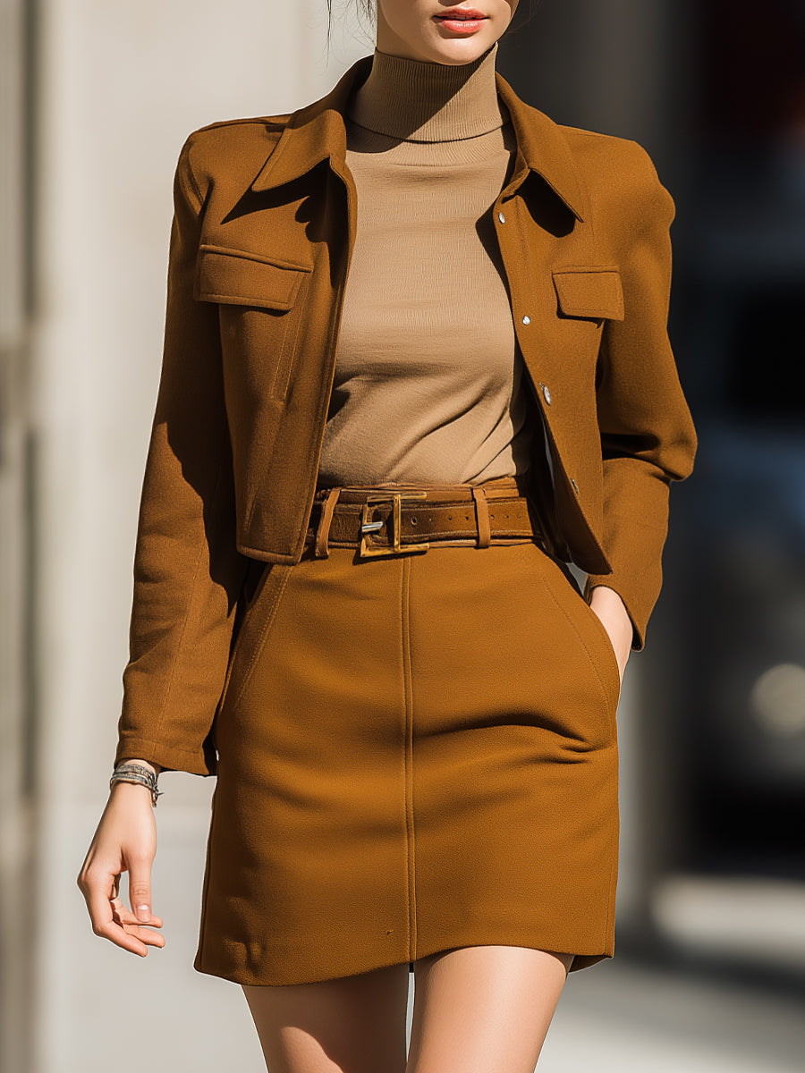 Cropped Chestnut Utility Jacket And Mini Skirt Set With Belted Waist