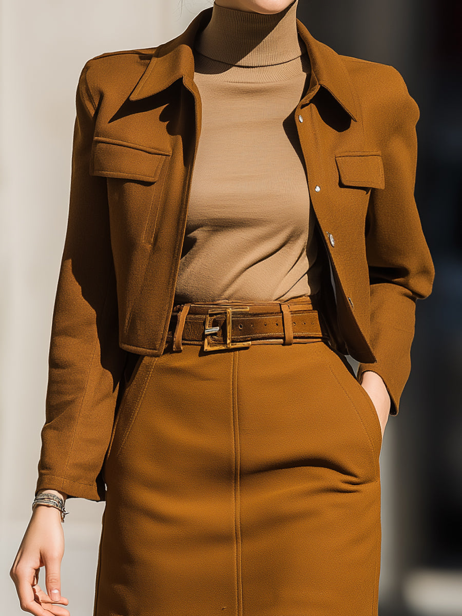 Cropped Chestnut Utility Jacket And Mini Skirt Set With Belted Waist
