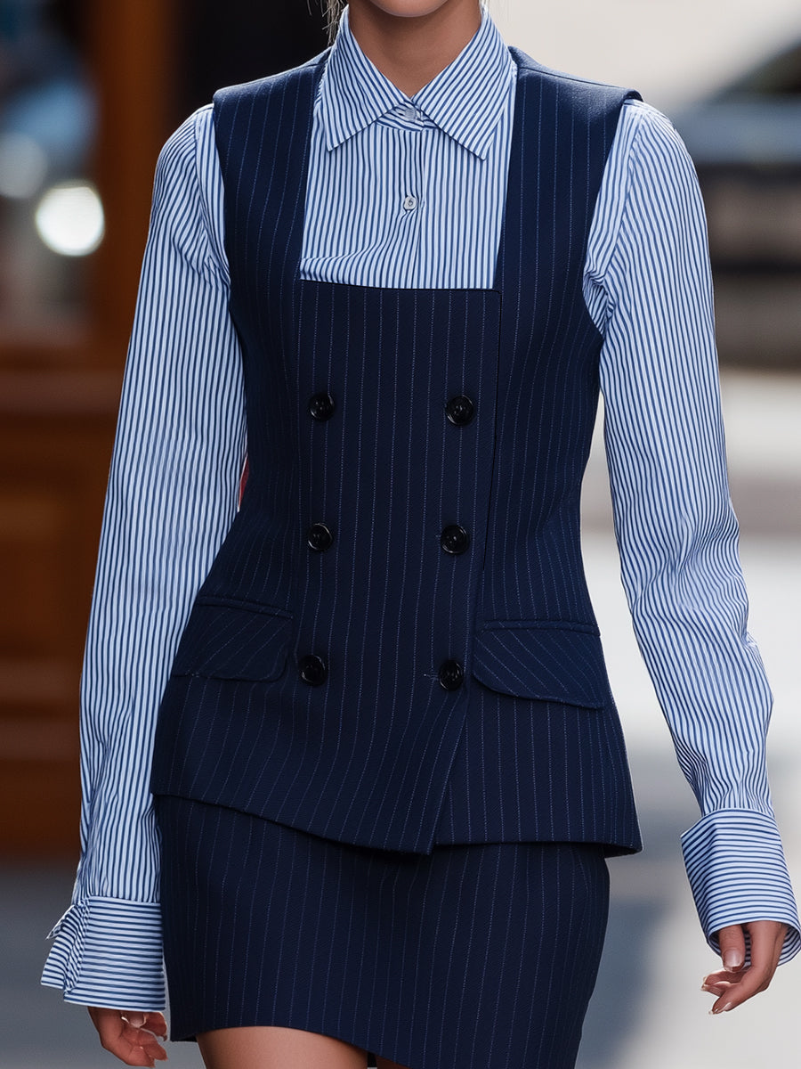 Navy Pinstripe Vest Blazer Skirt Set