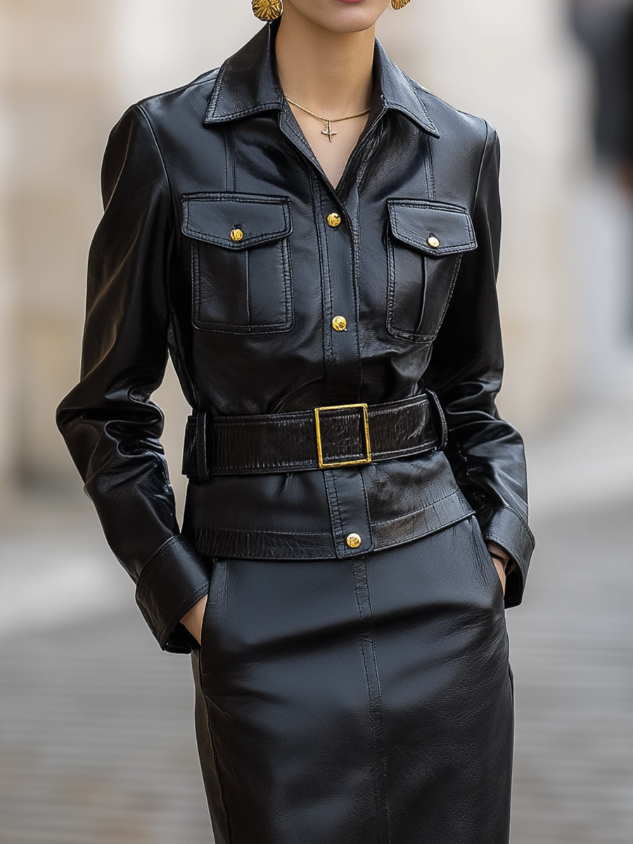Noir Sculpt Belted Faux Leather Skirt Dress
