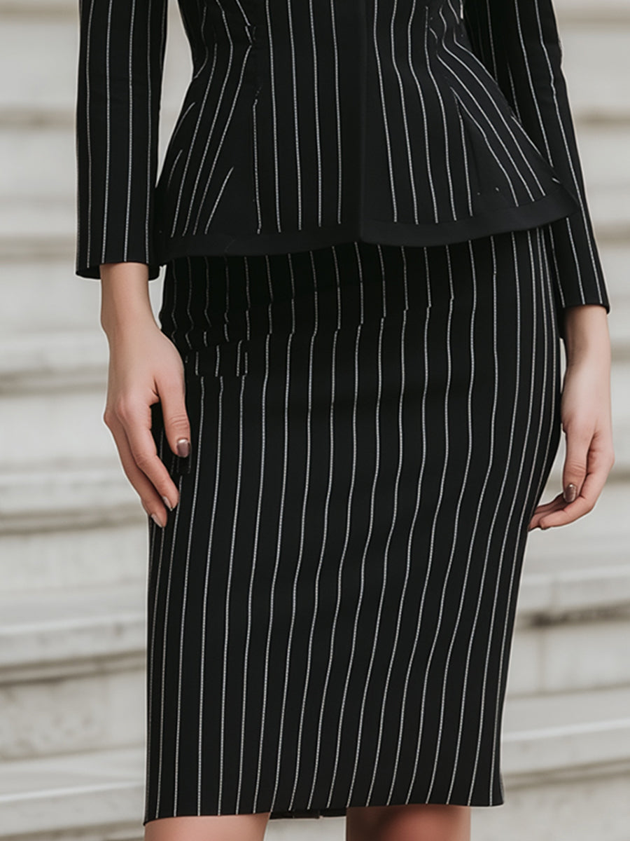 Elegant Pinstripe Peplum Skirt Suit