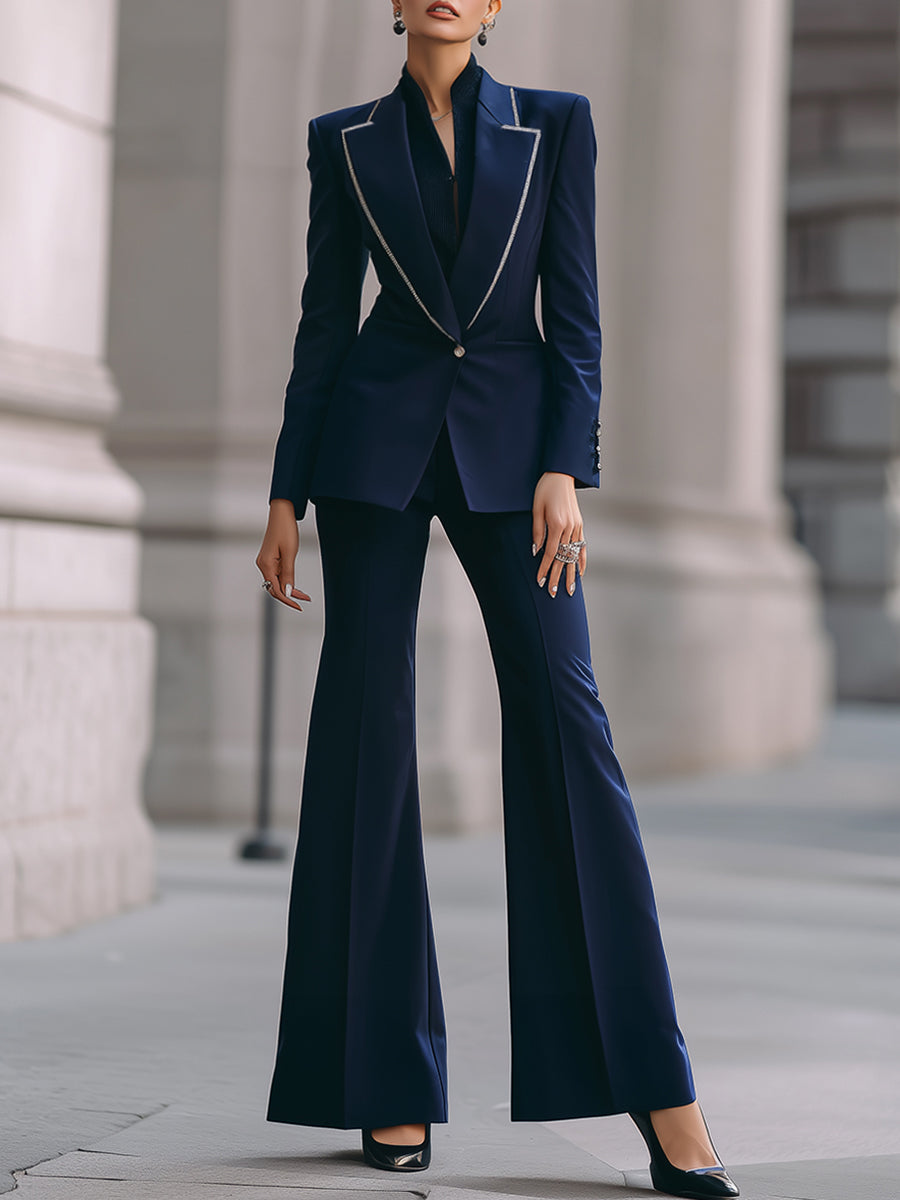 Stylish Single-Breasted Contrast Trim Flared Pantsuit
