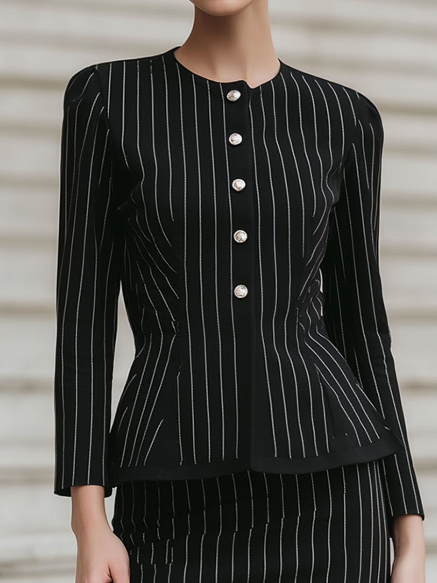 Elegant Pinstripe Peplum Skirt Suit