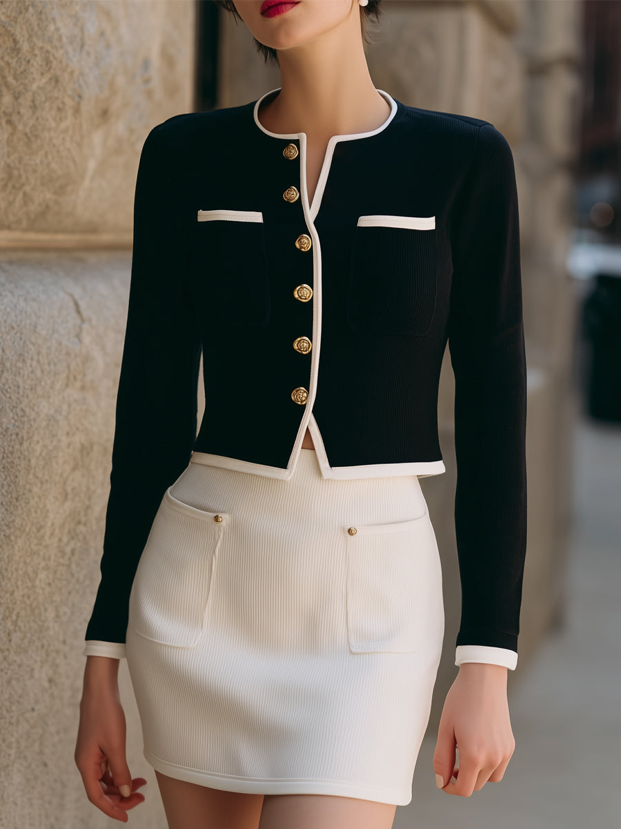 Two-Tone Cropped Jacket And Mini Skirt Set