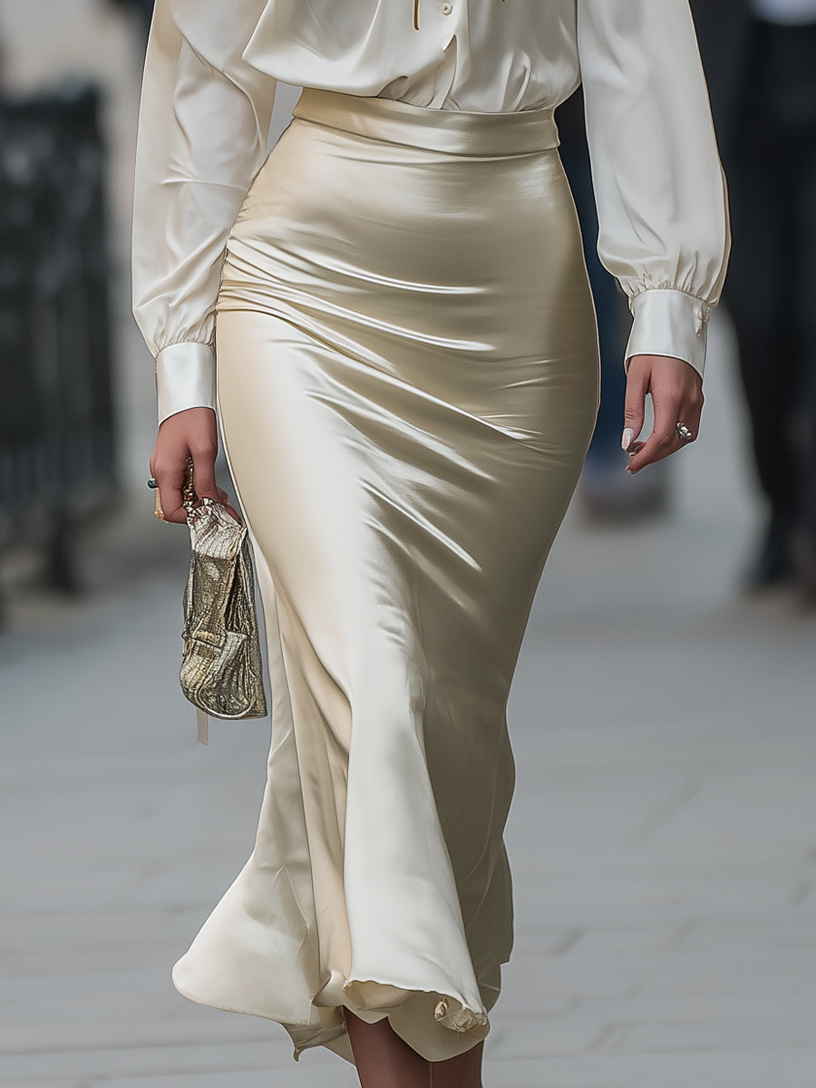 Ivory Satin Tie-Neck Blouse & Mermaid Skirt Set