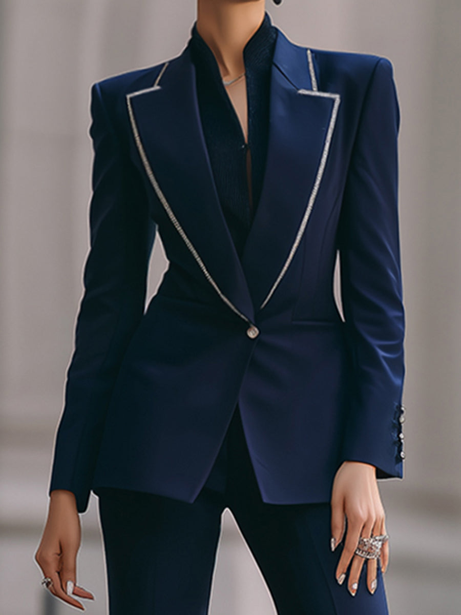 Stylish Single-Breasted Contrast Trim Flared Pantsuit