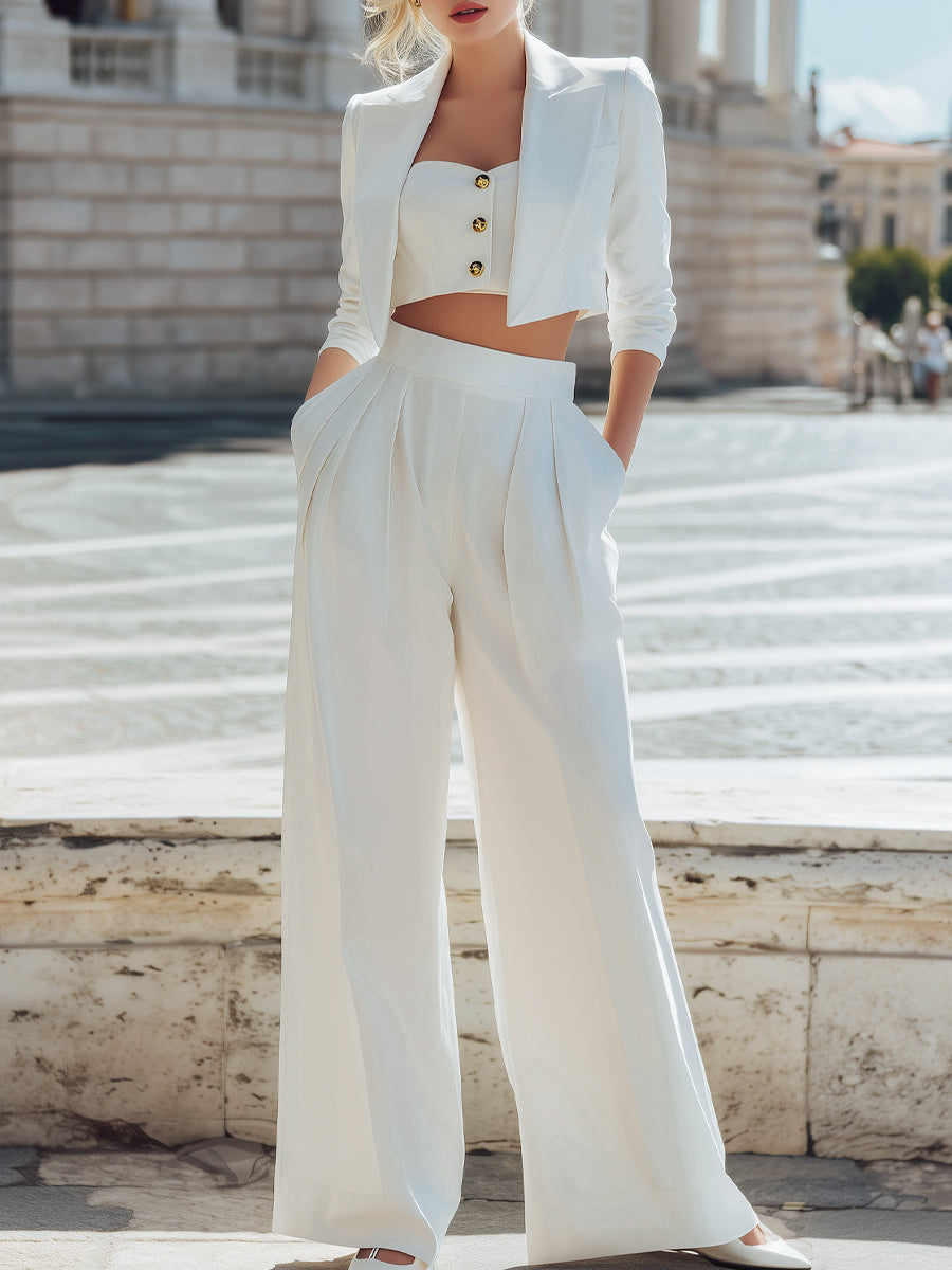 Tailored Three-Piece Set With Cropped Blazer And Wide-Leg Pants