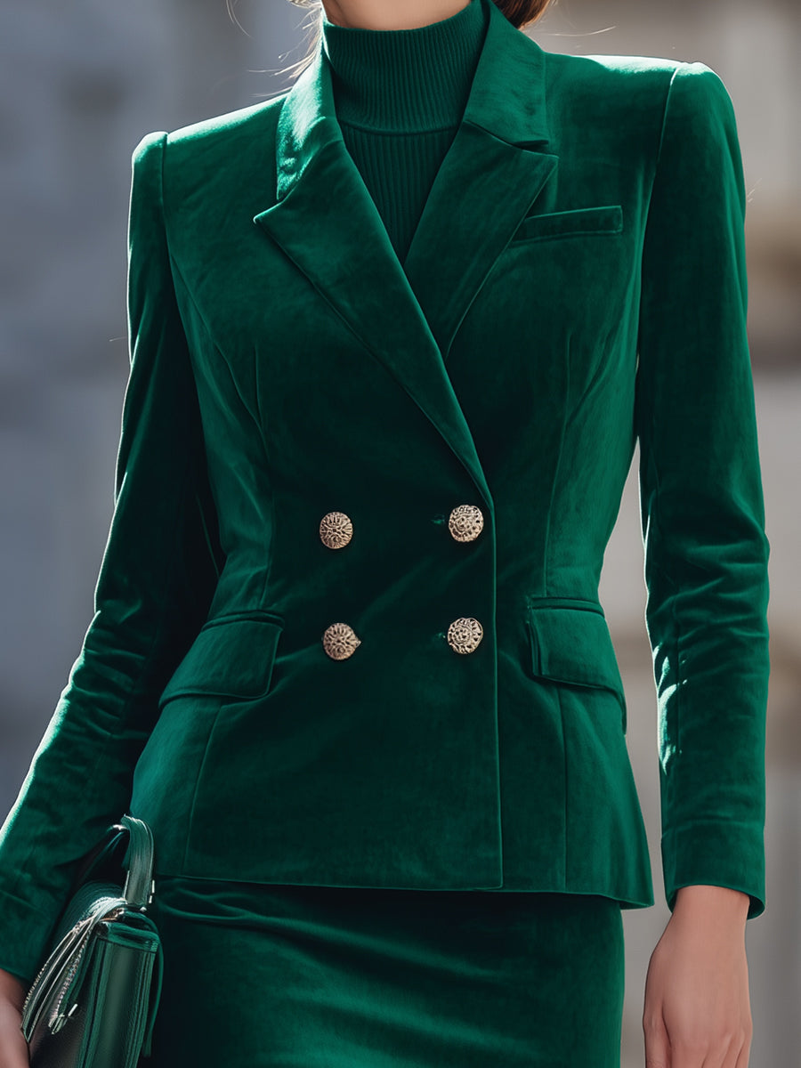Emerald Velvet Double-Breasted Skirt Suit