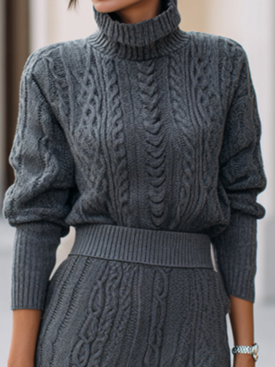 Winter Stylish Cable-Knit Turtleneck Sweater Set