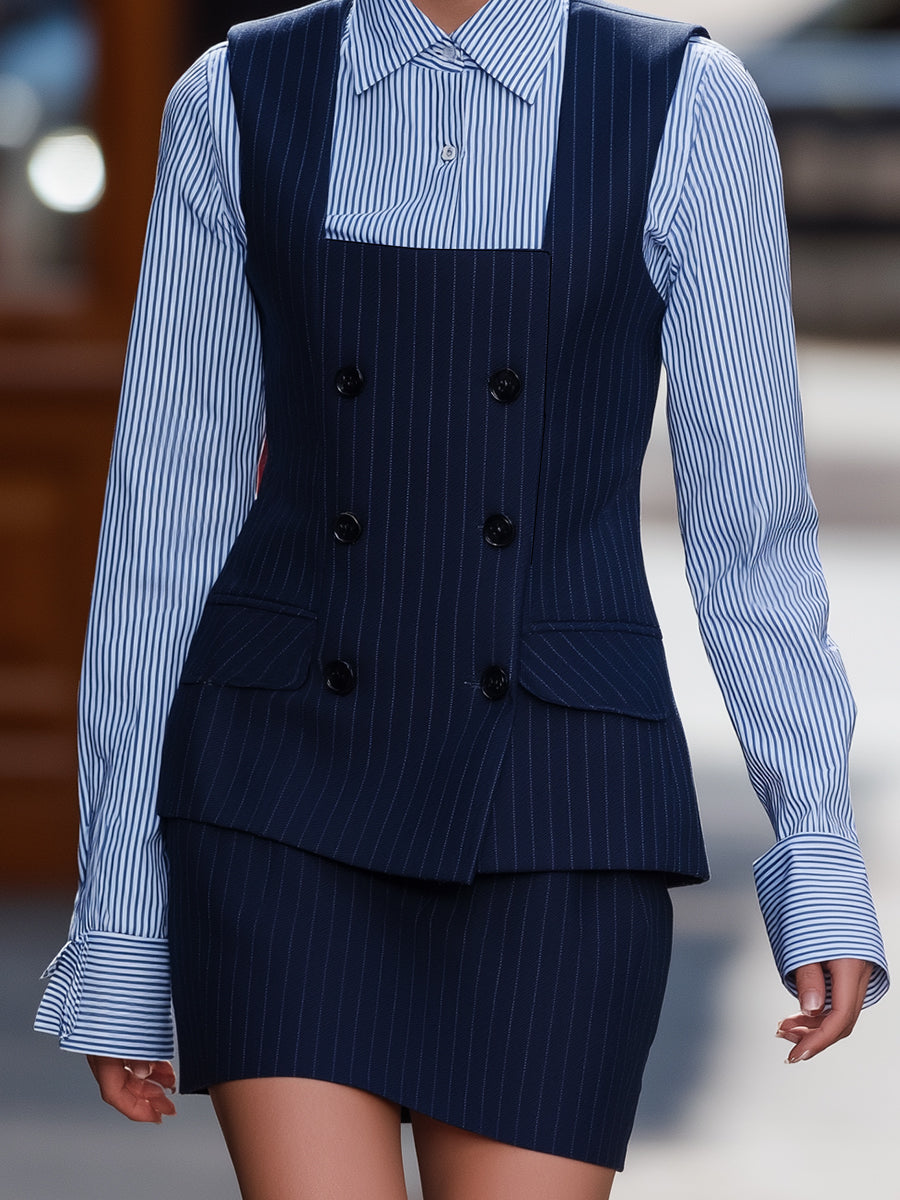 Navy Pinstripe Vest Blazer Skirt Set