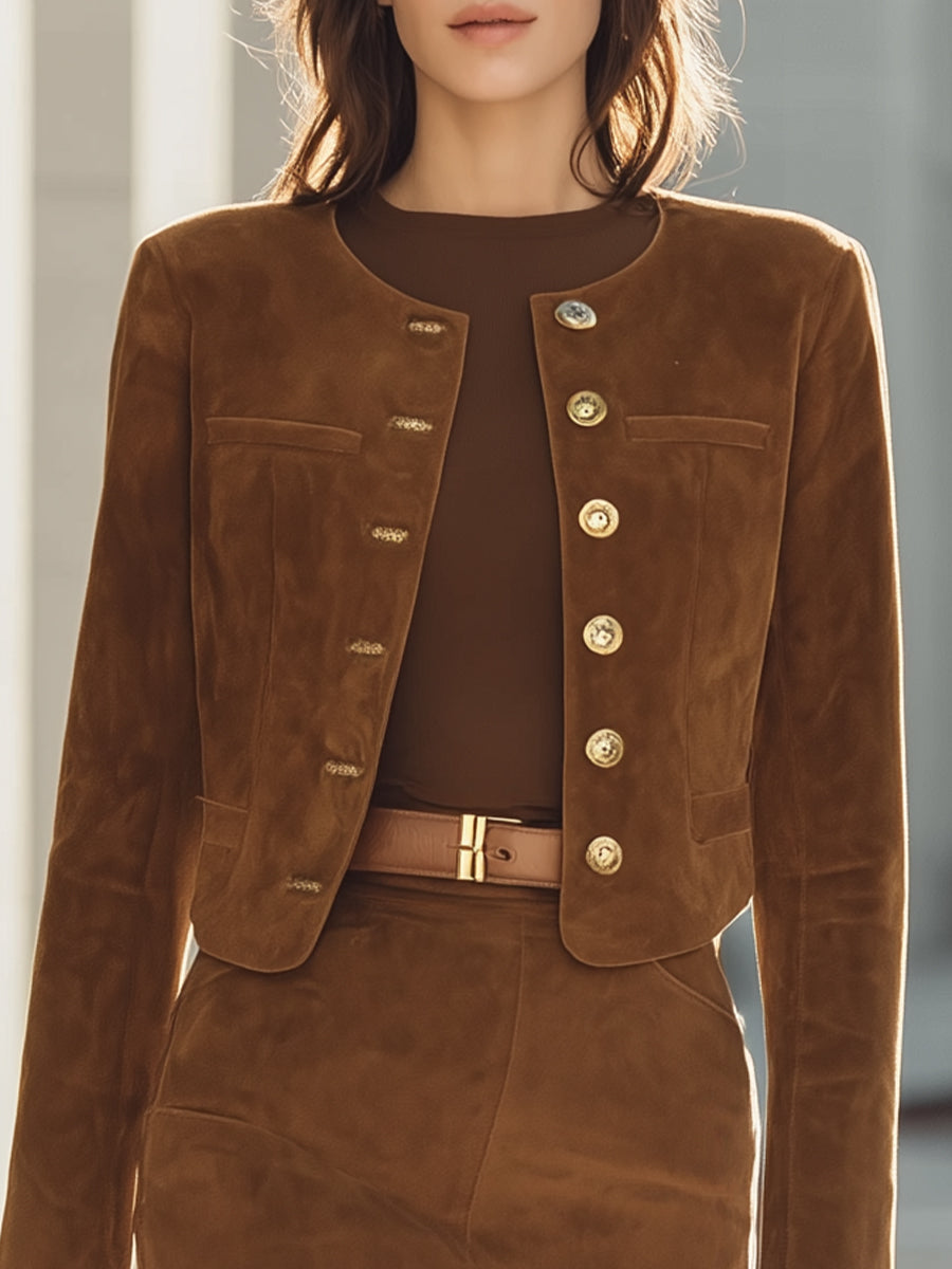 Chic Brown Suede Button-Up Jacket And Skirt Set