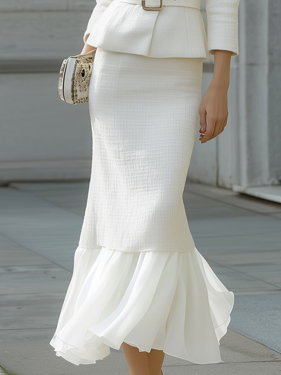 Elegant Tweed Peplum Suit With Chiffon Flounced Hem