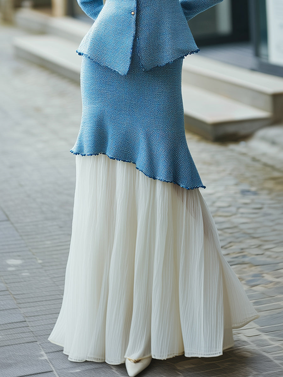 Chic Tweed Peplum Jacket & Chiffon-Hem Skirt Set