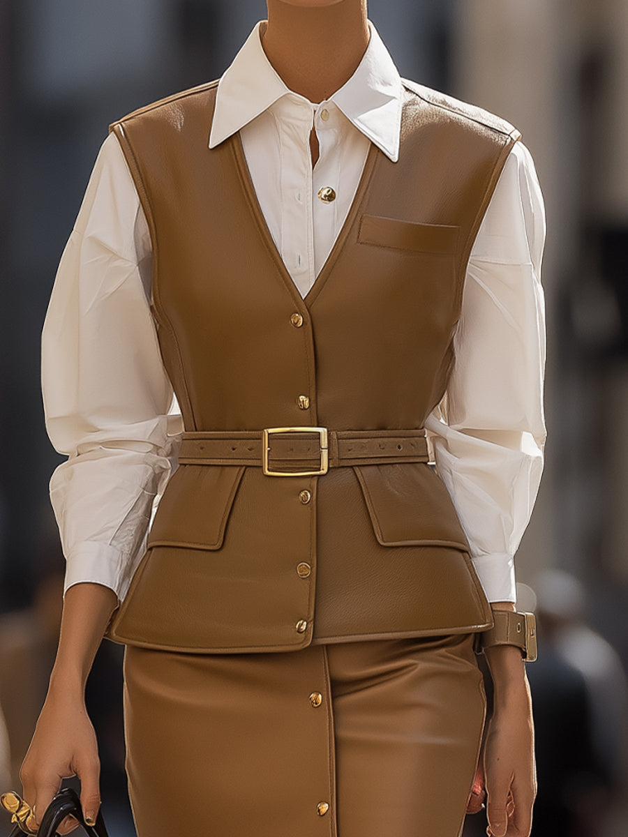Caramel Faux Leather Vest & Pencil Skirt Set