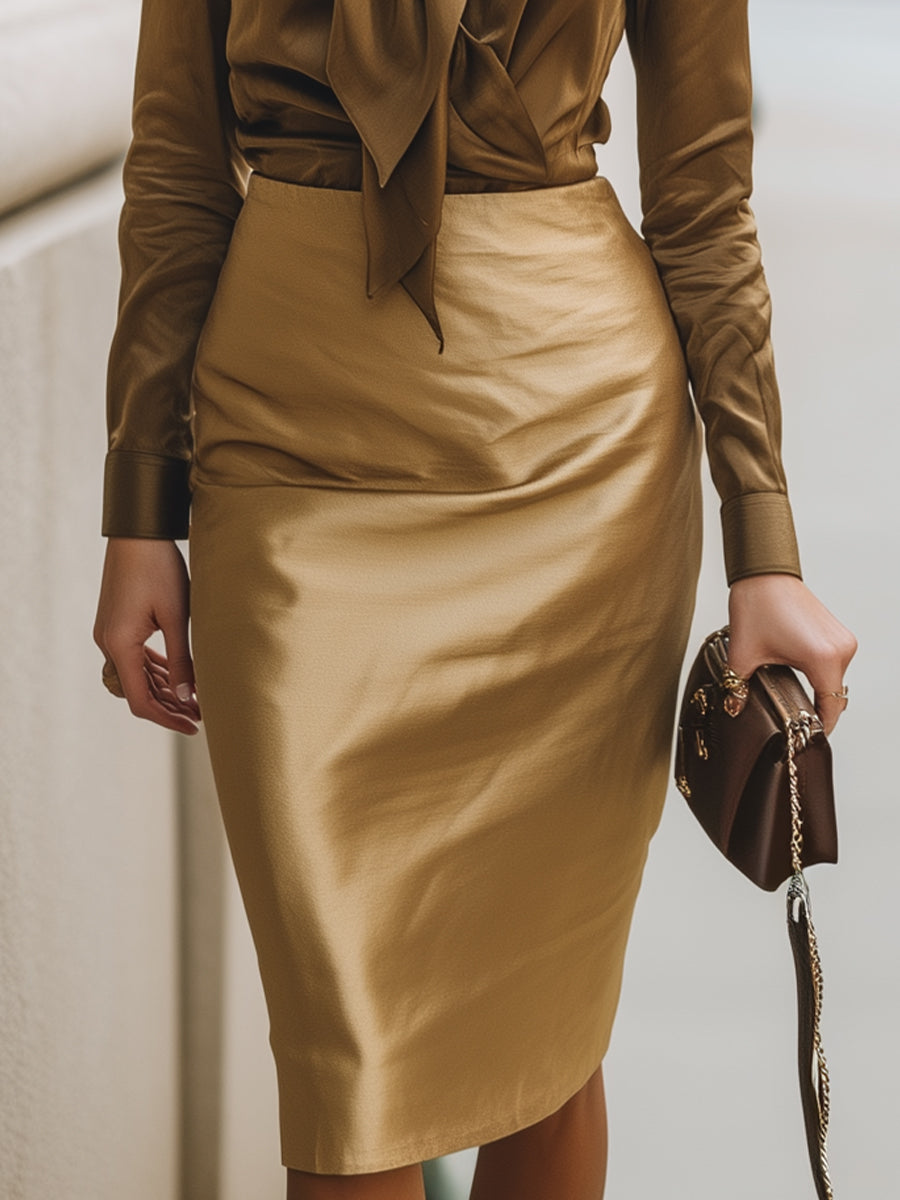 Bronze Satin Bow Blouse & Luxe Pencil Skirt Set