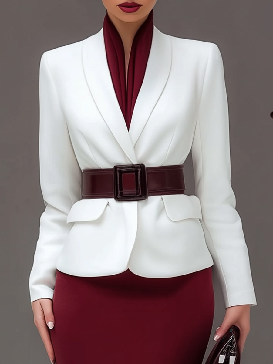 Faux Colorblock Layered Collar Blazer Set With Maxi Skirt