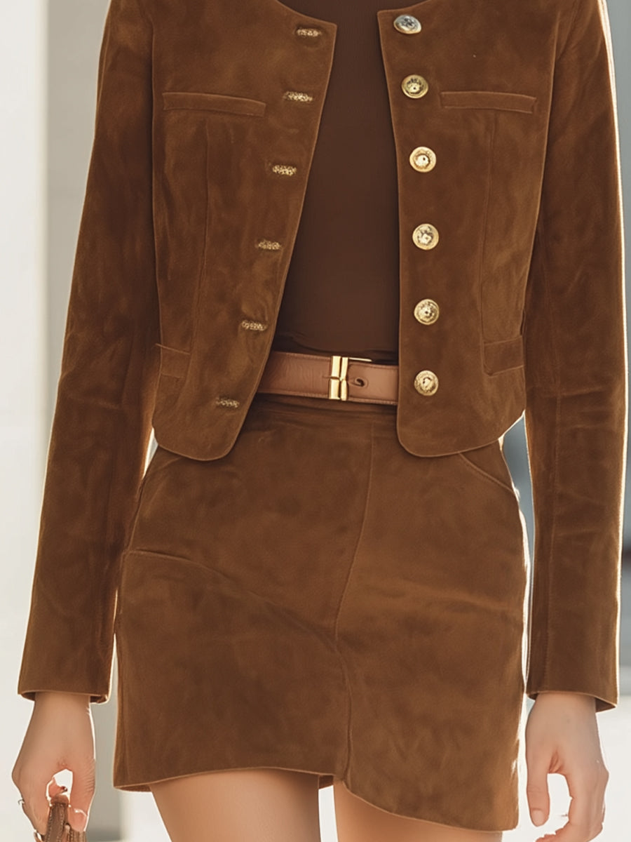 Chic Brown Suede Button-Up Jacket And Skirt Set
