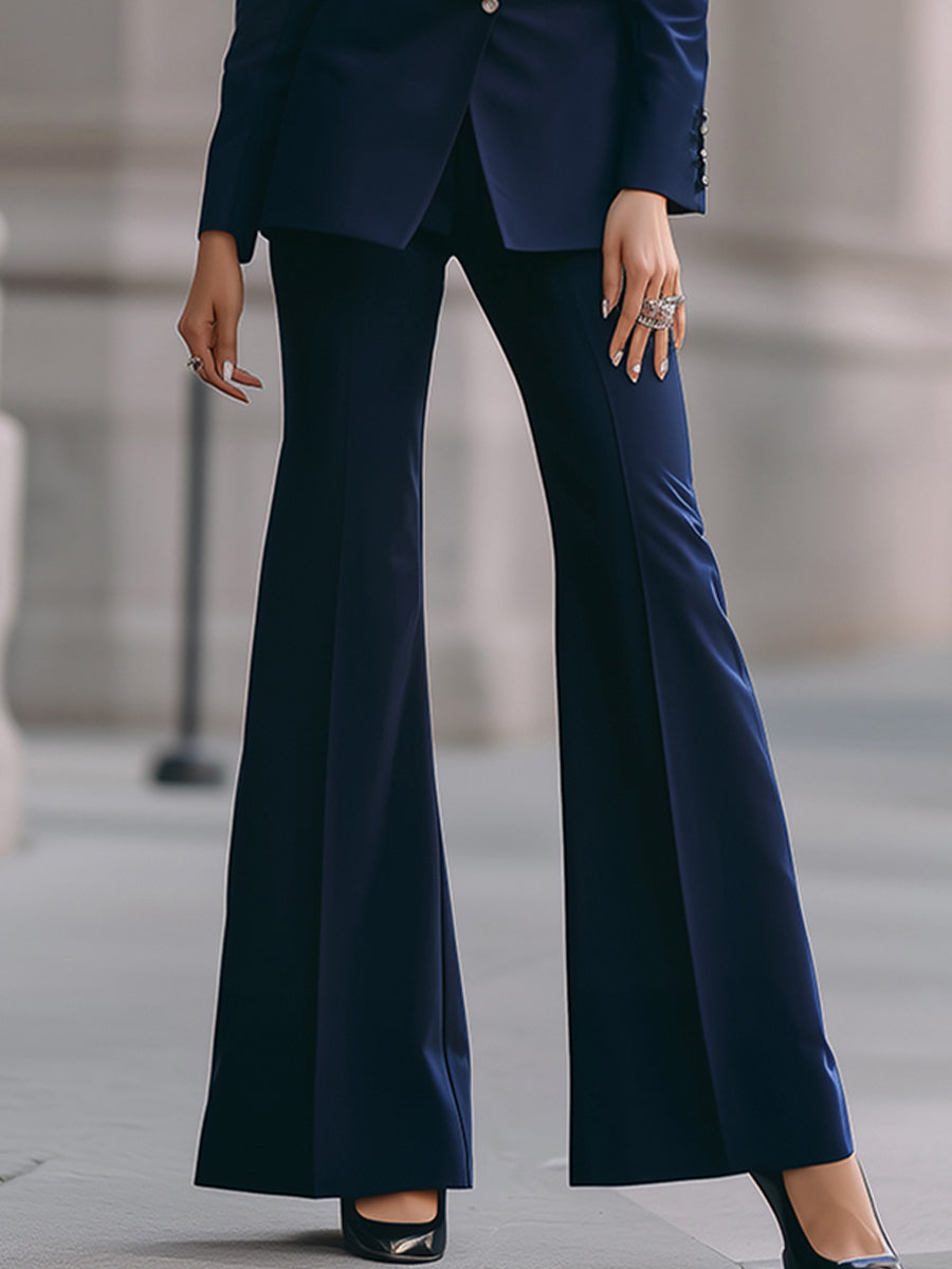 Stylish Single-Breasted Contrast Trim Flared Pantsuit