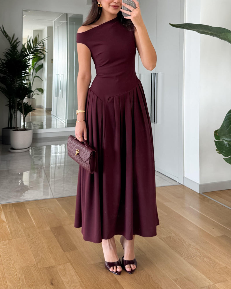 Pleated One-Shoulder Dress