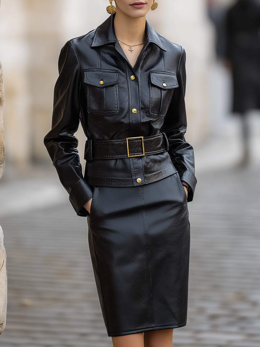 Noir Sculpt Belted Faux Leather Skirt Dress