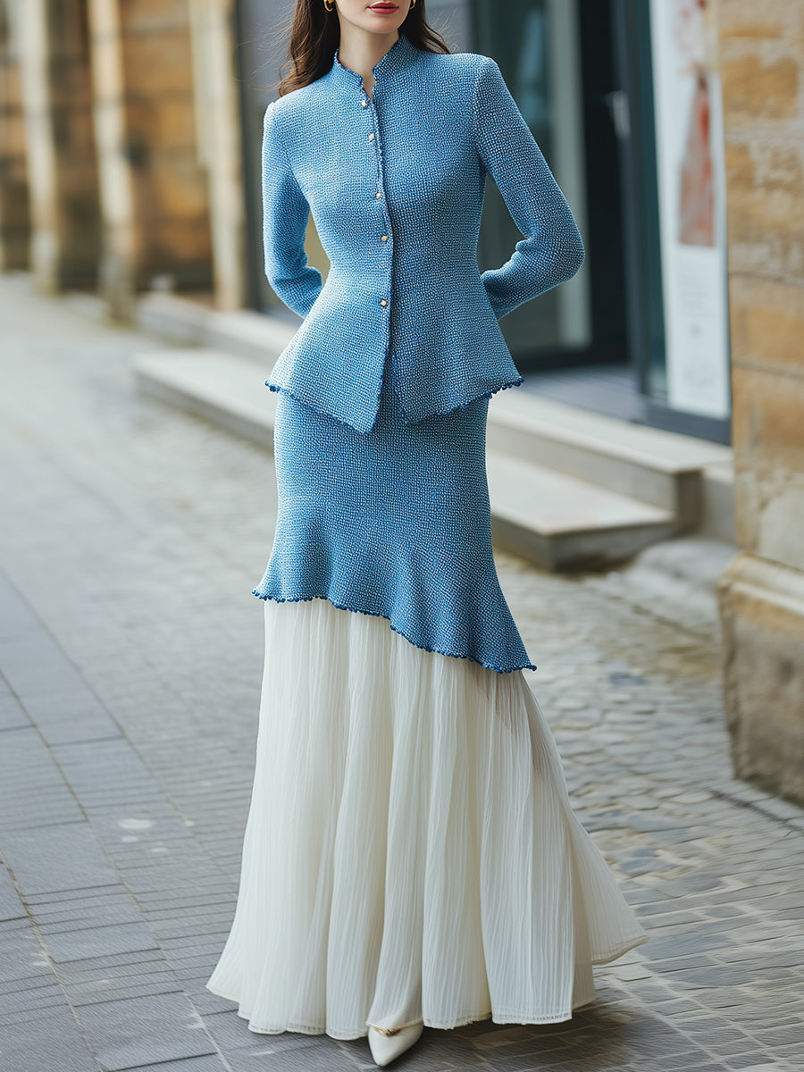 Chic Tweed Peplum Jacket & Chiffon-Hem Skirt Set