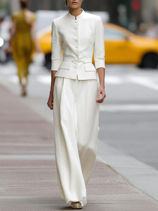 Ivory Mandarin-Collar Tailored Set