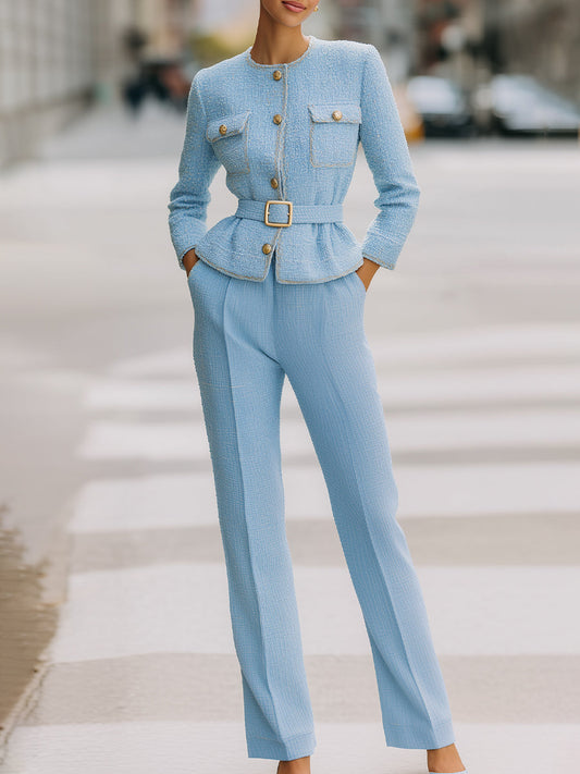 Timeless Tweed Belted Peplum Pantsuit