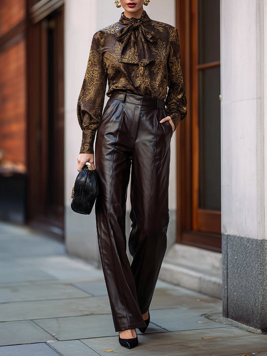 Baroque Bow Blouse & Leather Trousers Set