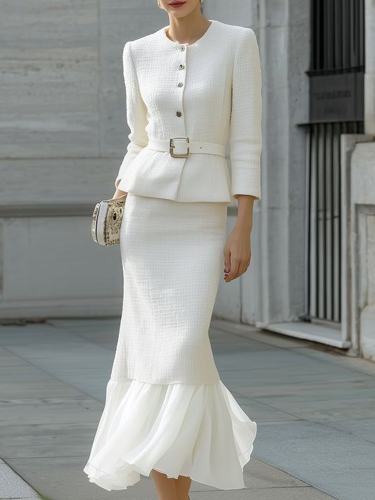 Elegant Tweed Peplum Suit With Chiffon Flounced Hem