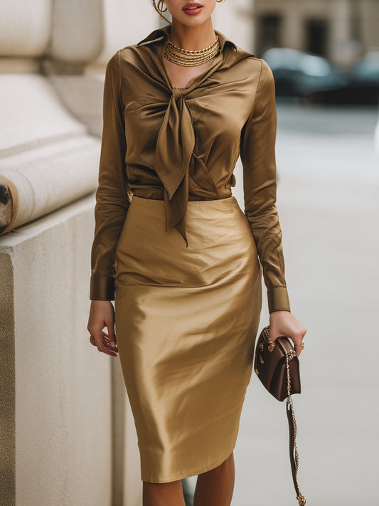 Bronze Satin Bow Blouse & Luxe Pencil Skirt Set