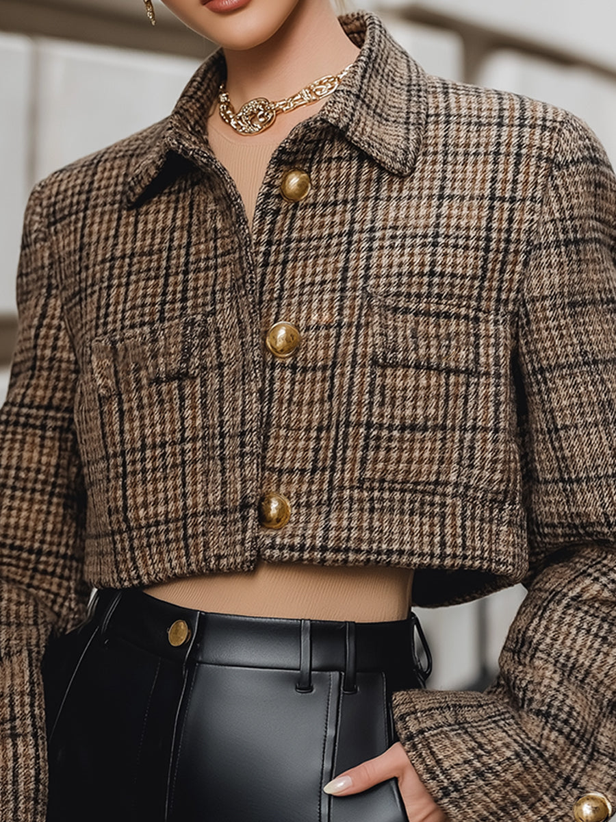 Cropped Glen Plaid Jacket With Gold Buttons & Faux Leather Shorts Set