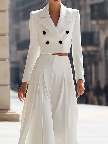 Double-Breasted Cropped Blazer & Pleated Wide-Leg Pants Set