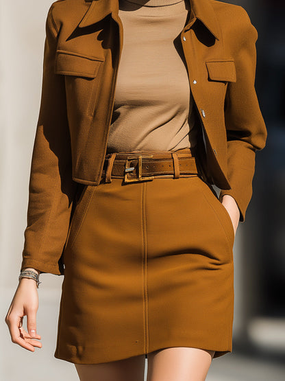 Cropped Chestnut Utility Jacket And Mini Skirt Set With Belted Waist