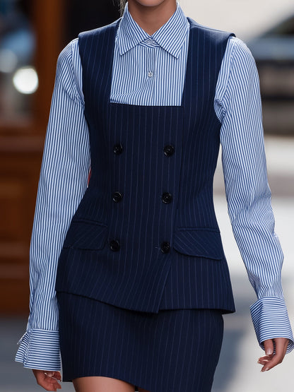 Navy Pinstripe Vest Blazer Skirt Set