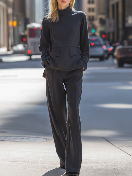 Charcoal High-Neck Utility Top And Wide-Leg Trouser Set