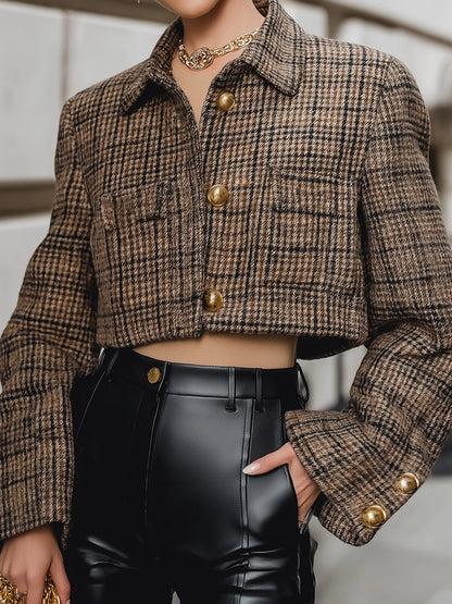 Cropped Glen Plaid Jacket With Gold Buttons & Faux Leather Shorts Set