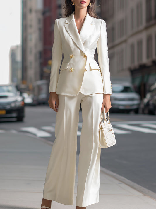 Legant Ivory Double-Breasted Blazer & Wide-Leg Pants Suit