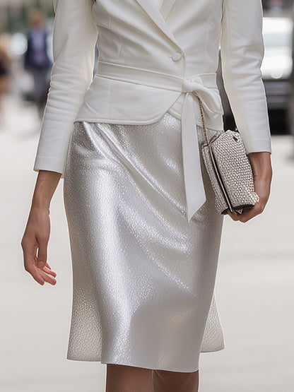 Pearl-White Belted Blazer & Lustrous Midi Skirt Set