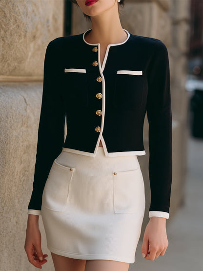 Two-Tone Cropped Jacket And Mini Skirt Set
