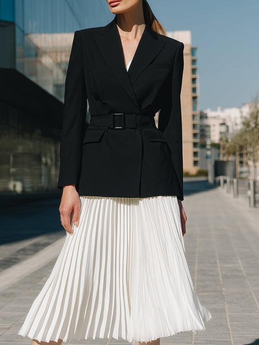 Mooyius Belted Blazer & Pleated Midi Skirt Set