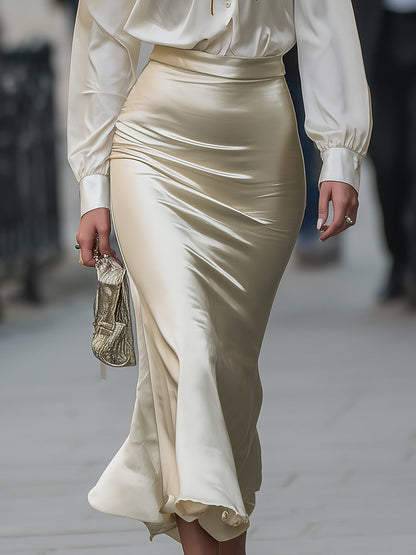 Ivory Satin Tie-Neck Blouse & Mermaid Skirt Set