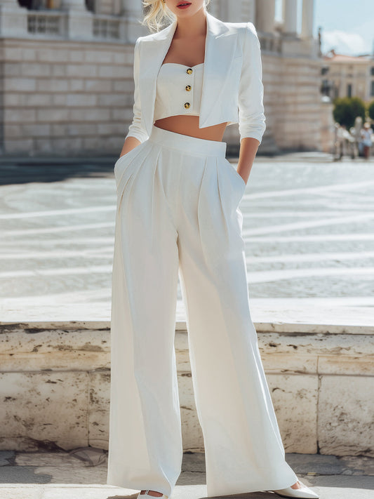 Tailored Three-Piece Set With Cropped Blazer  And Wide-Leg Pants