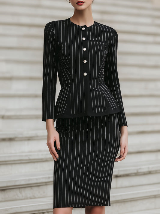 Elegant Pinstripe Peplum Skirt Suit