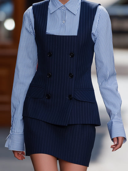 Navy Pinstripe Vest Blazer Skirt Set